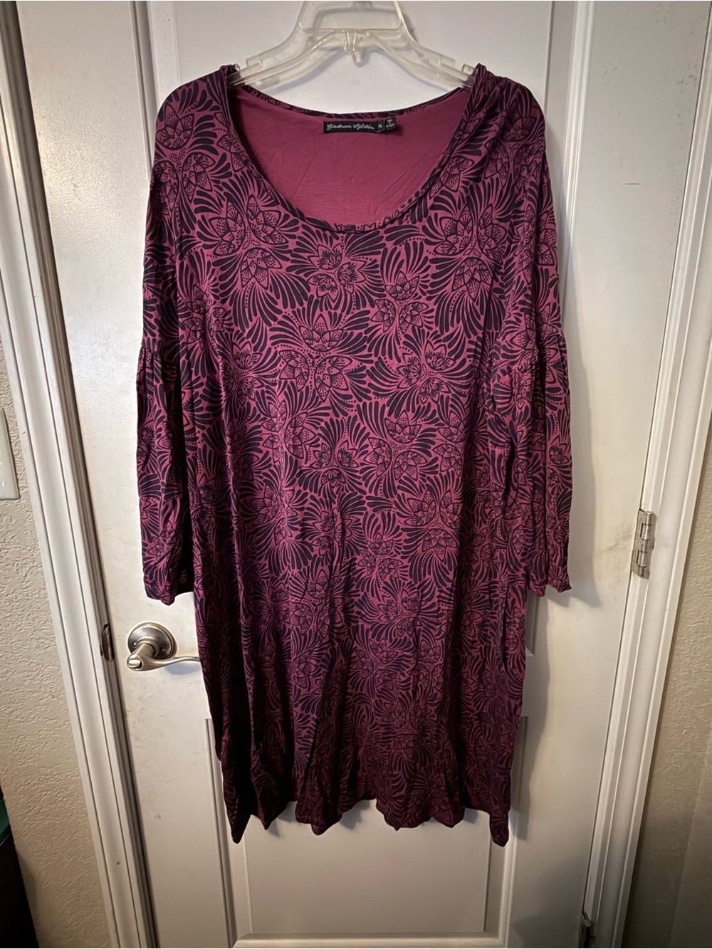 Gudrun Sjoden - Plum Floral Print Scoop Neck Dress w Bell Sleeves - EUC